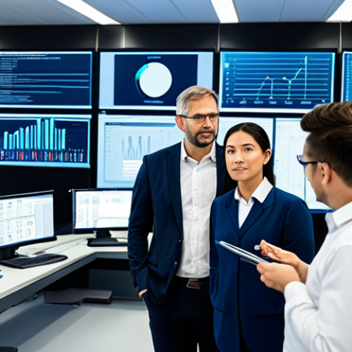 Home 4 A diverse team of professional individuals, including engineers and project managers, in a modern, high-tech factory control room. They are fully clothed in modest business attire, collaborating and analyzing complex digital dashboards displaying real-time Supply Chain Management (SCM), Manufacturing Execution System (MES), and Enterprise Resource Planning (ERP) data. Large, interactive screens show global supply networks, production flow visualizations, and performance metrics. The environment is clean, well-lit, and futuristic, emphasizing efficiency and technological integration. The individuals are focused and professional, ensuring seamless operations. Safe for work, appropriate content, fully clothed, professional dress, perfect anatomy, correct proportions, natural pose, well-formed hands, proper finger count, natural body proportions, high resolution, detailed.
