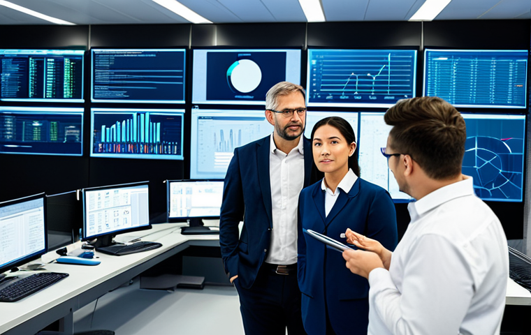 A diverse team of professional individuals, including engineers and project managers, in a modern, high-tech factory control room. They are fully clothed in modest business attire, collaborating and analyzing complex digital dashboards displaying real-time Supply Chain Management (SCM), Manufacturing Execution System (MES), and Enterprise Resource Planning (ERP) data. Large, interactive screens show global supply networks, production flow visualizations, and performance metrics. The environment is clean, well-lit, and futuristic, emphasizing efficiency and technological integration. The individuals are focused and professional, ensuring seamless operations. Safe for work, appropriate content, fully clothed, professional dress, perfect anatomy, correct proportions, natural pose, well-formed hands, proper finger count, natural body proportions, high resolution, detailed.